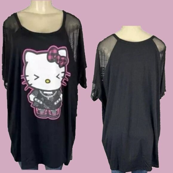 Hello Kitty +4 Black Crew Full-Body Kitty Graphic Mesh Sheer Short Sleeve Top - Picture 1 of 6